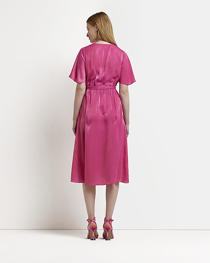 Maternity pink satin wrap midi dress