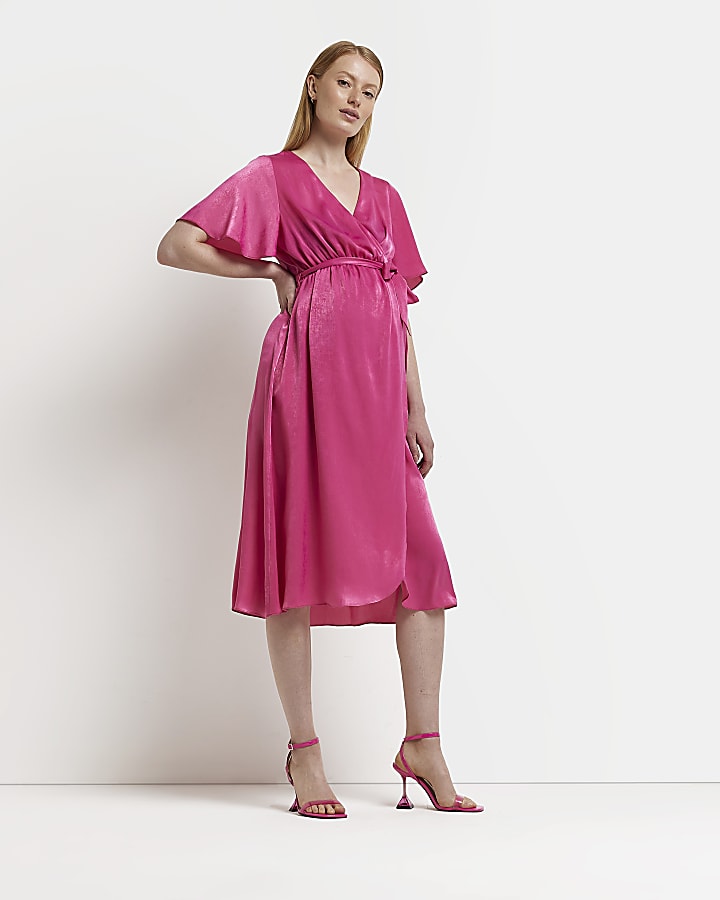 Maternity pink satin wrap midi dress