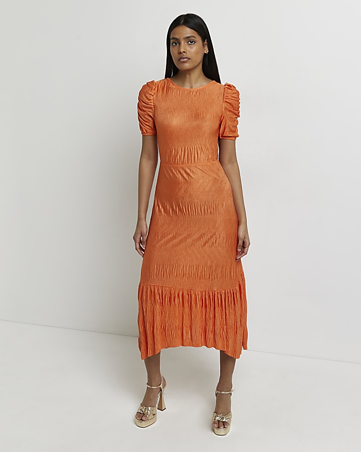 Coral plisse shift midi dress
