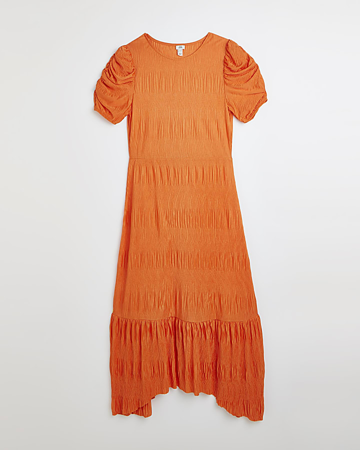 Coral plisse shift midi dress