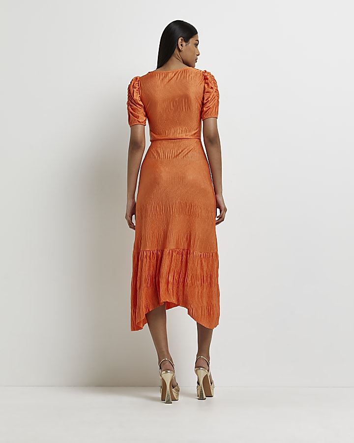 Coral plisse shift midi dress