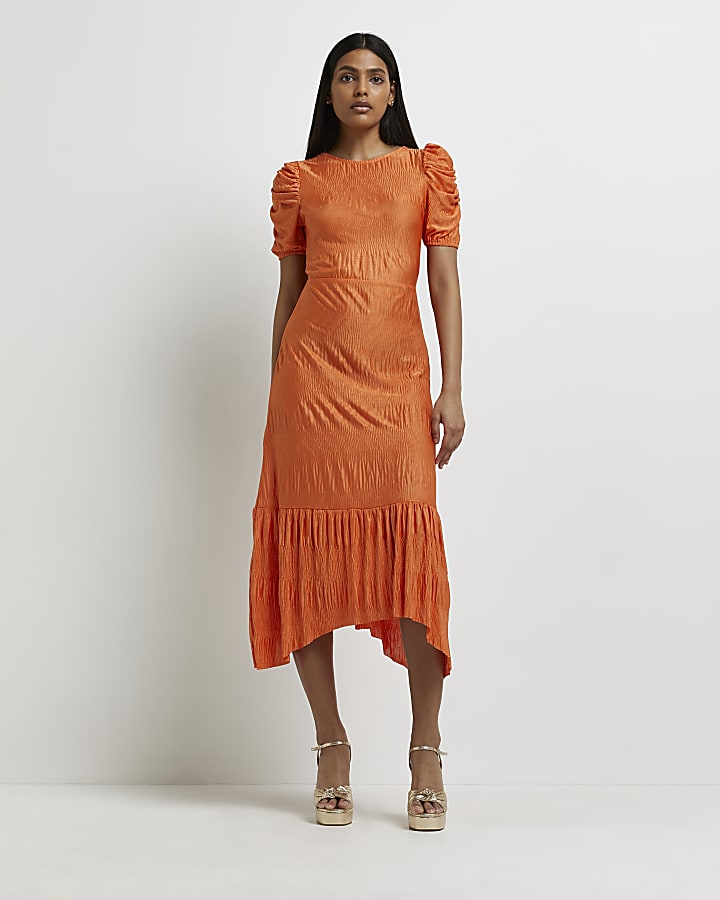 Coral plisse shift midi dress