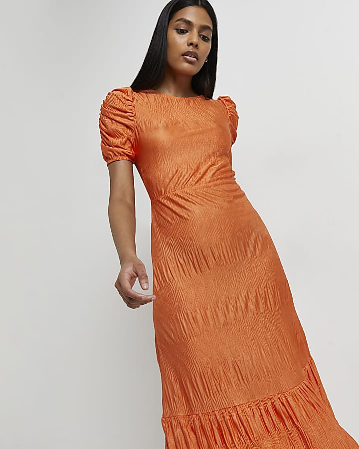 Coral plisse shift midi dress