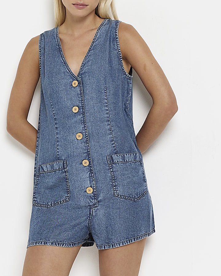 Petite blue waistcoat playsuit