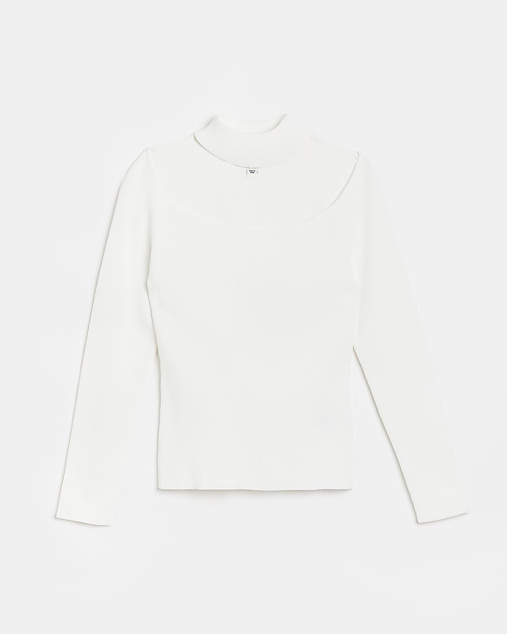 White knit choker long sleeve top