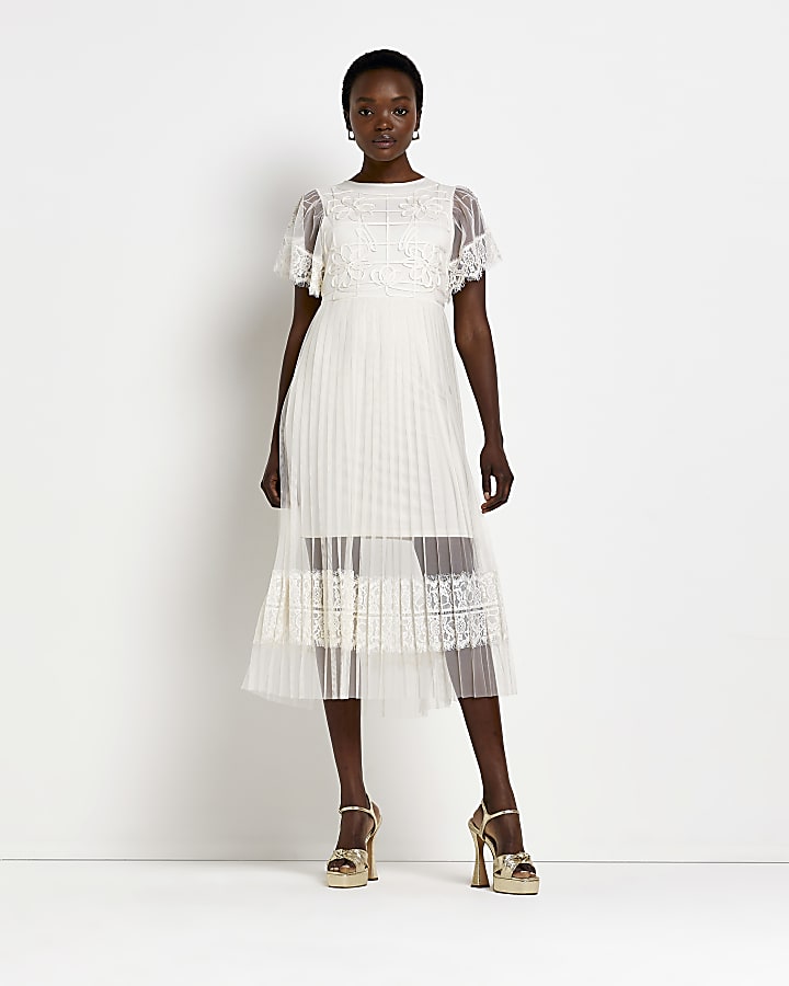 Pleated white midi dress best sale