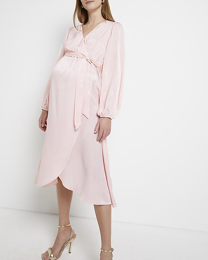 Pink satin maternity wrap midi dress