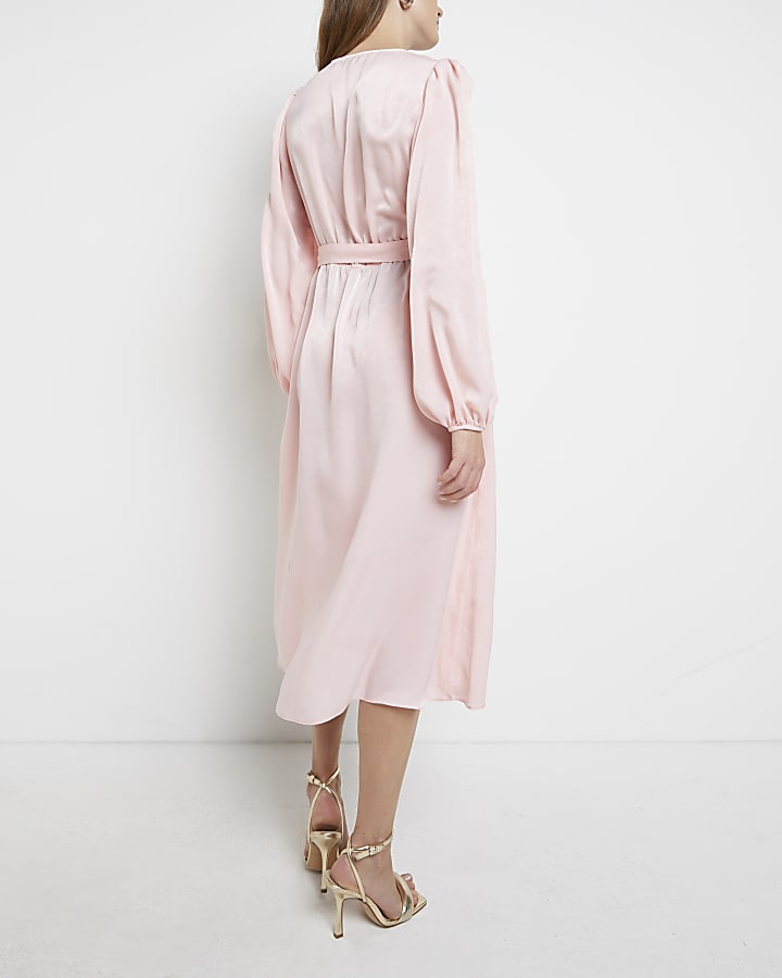 Pink satin maternity wrap midi dress