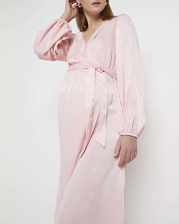 Pink satin maternity wrap midi dress