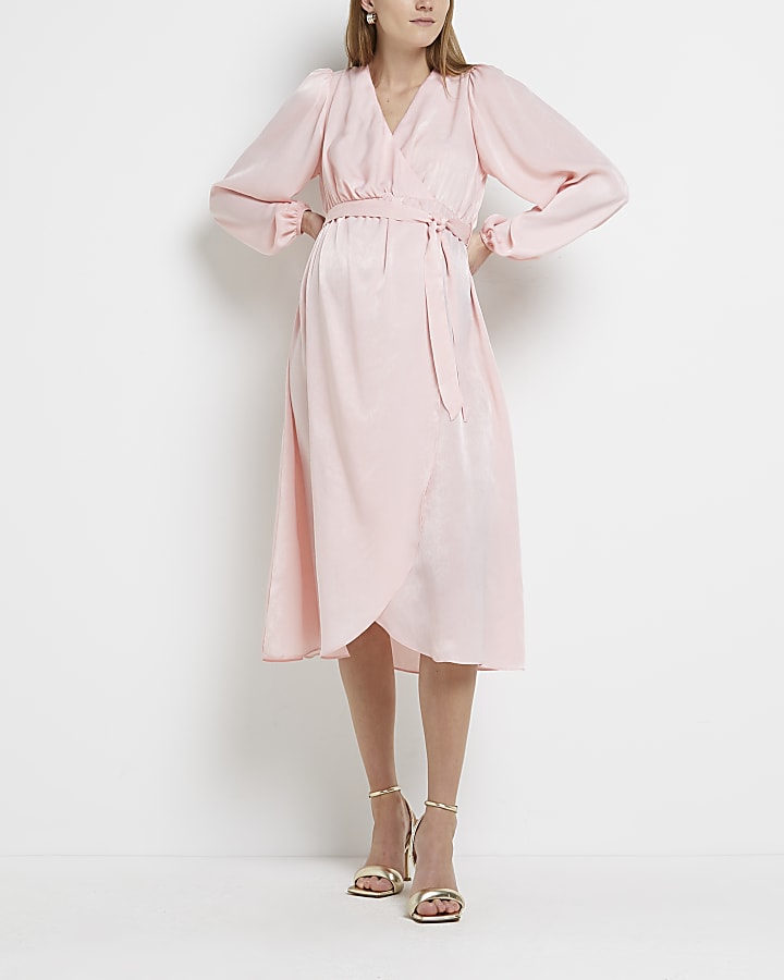 Pink satin maternity wrap midi dress