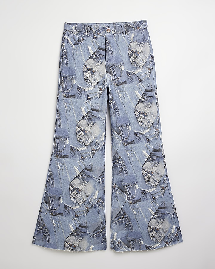 Blue graphic high waisted ultra flared jeans