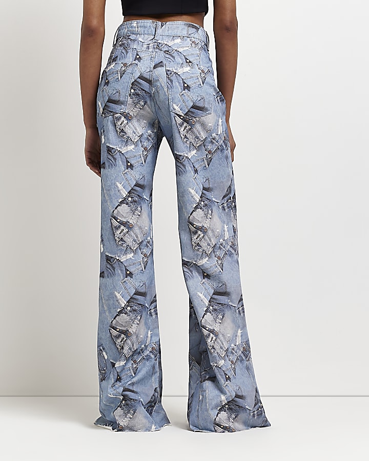 Blue graphic high waisted ultra flared jeans