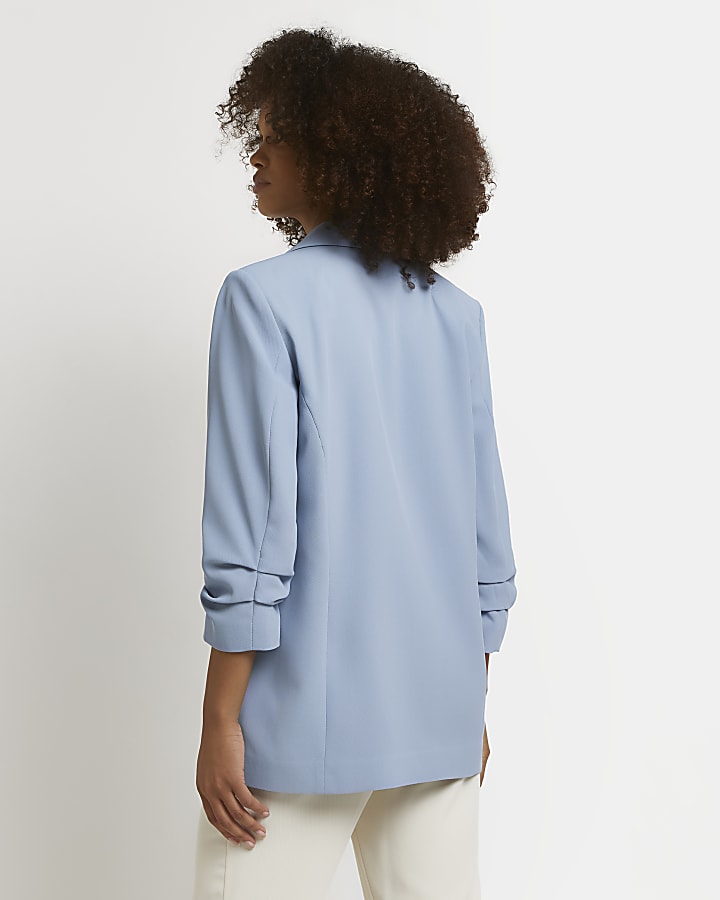 Blue ruched sleeve blazer