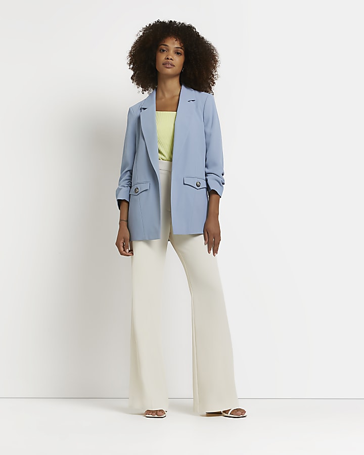 Blue ruched sleeve blazer