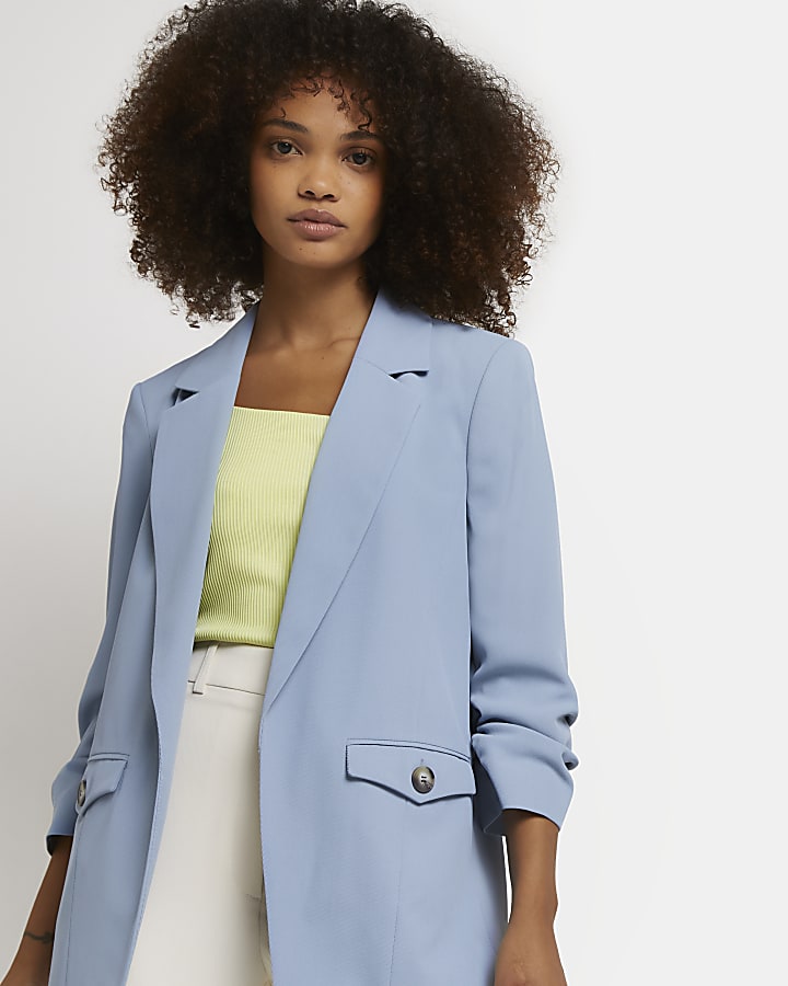 Blue ruched sleeve blazer