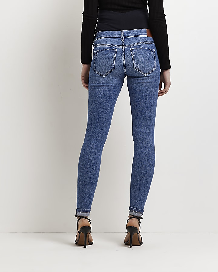 Blue low rise ripped maternity skinny jeans