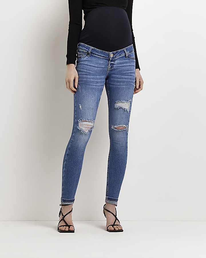 Blue low rise ripped maternity skinny jeans