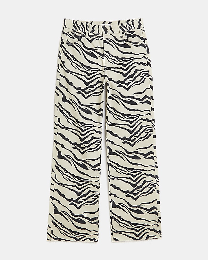 Cream zebra print high waisted wide leg jeans
