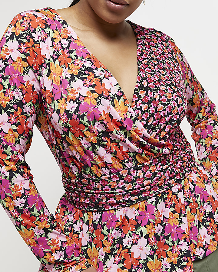 Plus pink floral wrap top