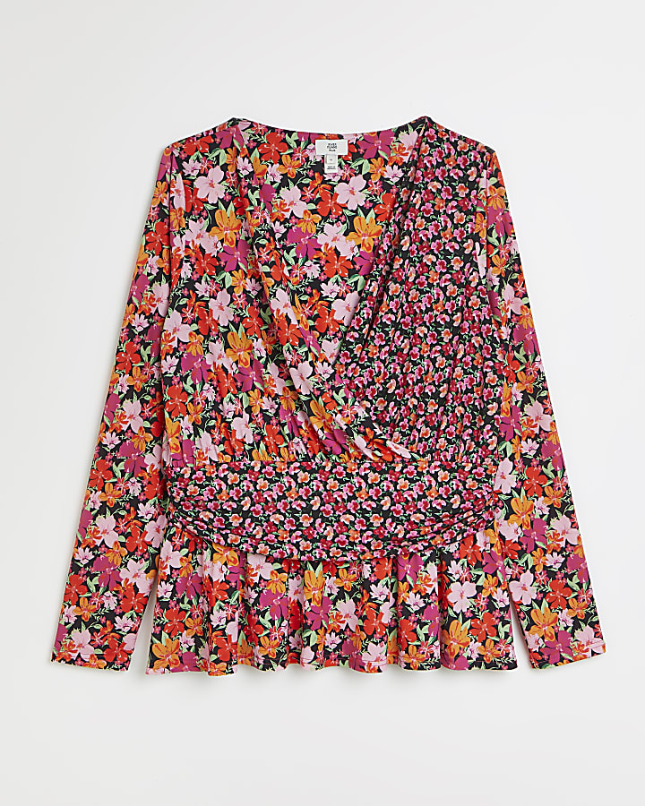 Plus pink floral wrap top