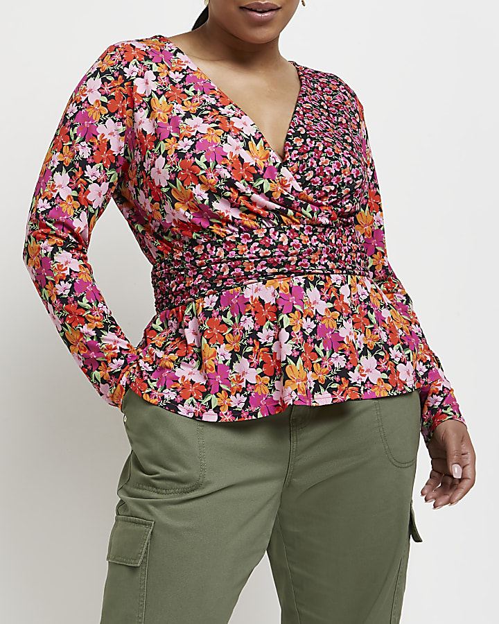 Plus pink floral wrap top