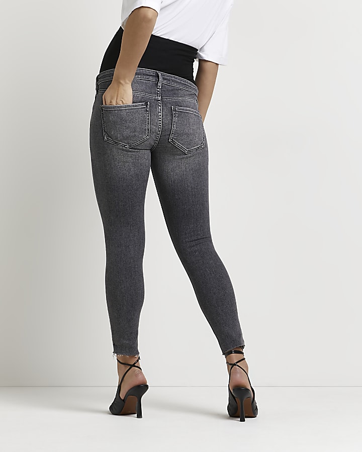 Grey ripped mid rise maternity skinny jeans