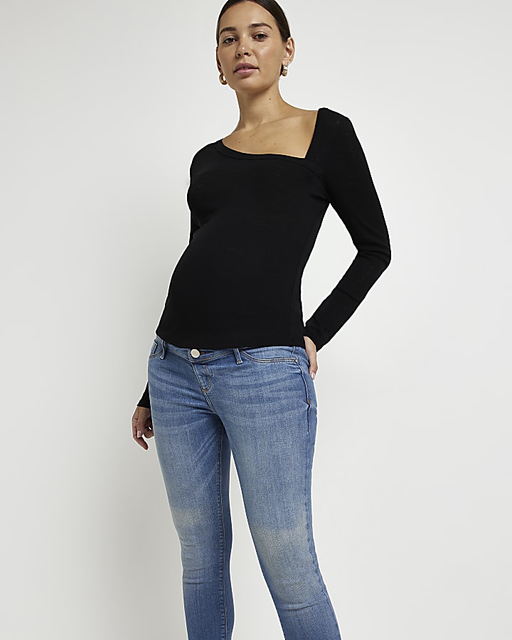 Blue mid rise maternity skinny fit jeans