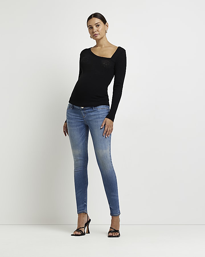 Blue mid rise maternity skinny fit jeans