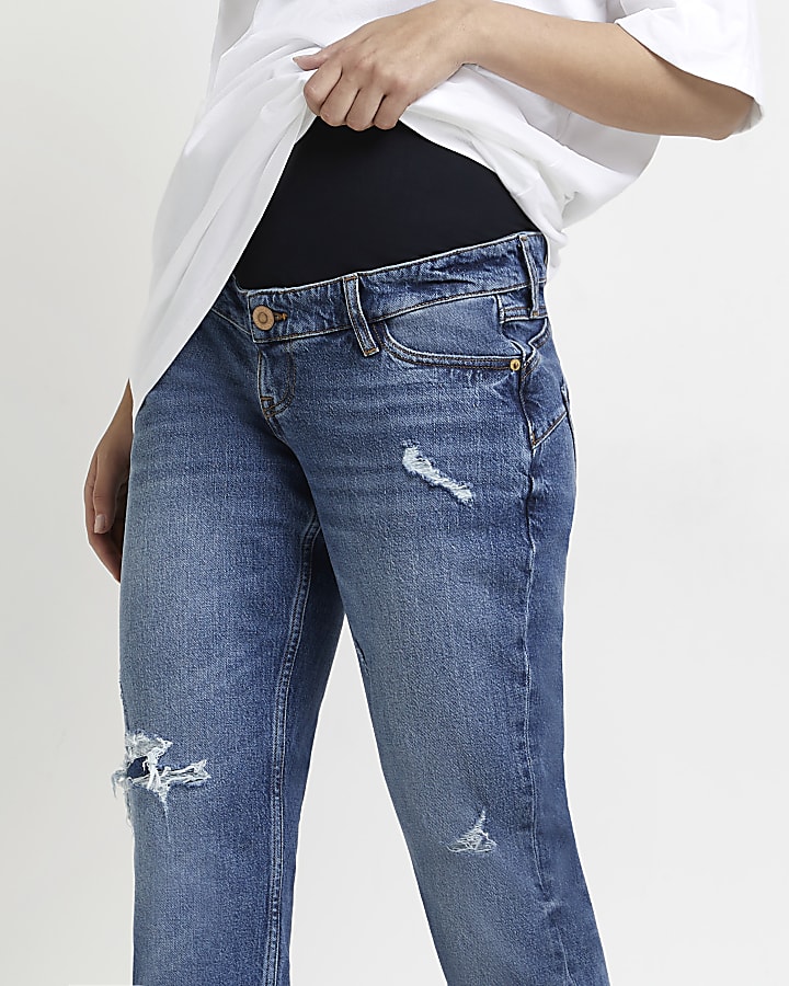 Blue ripped mid rise maternity mom jeans