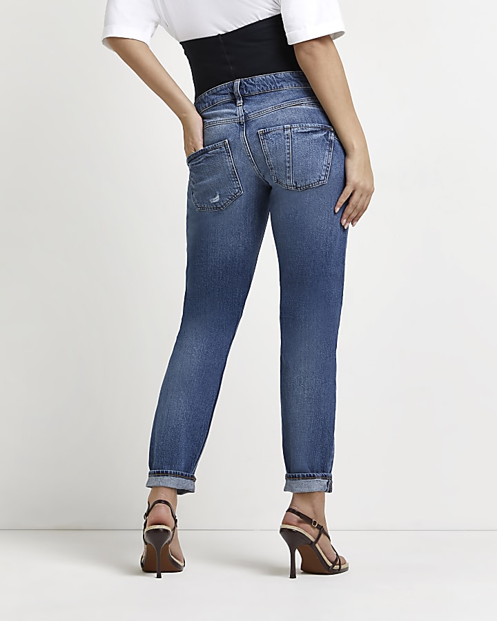 Blue ripped mid rise maternity mom jeans