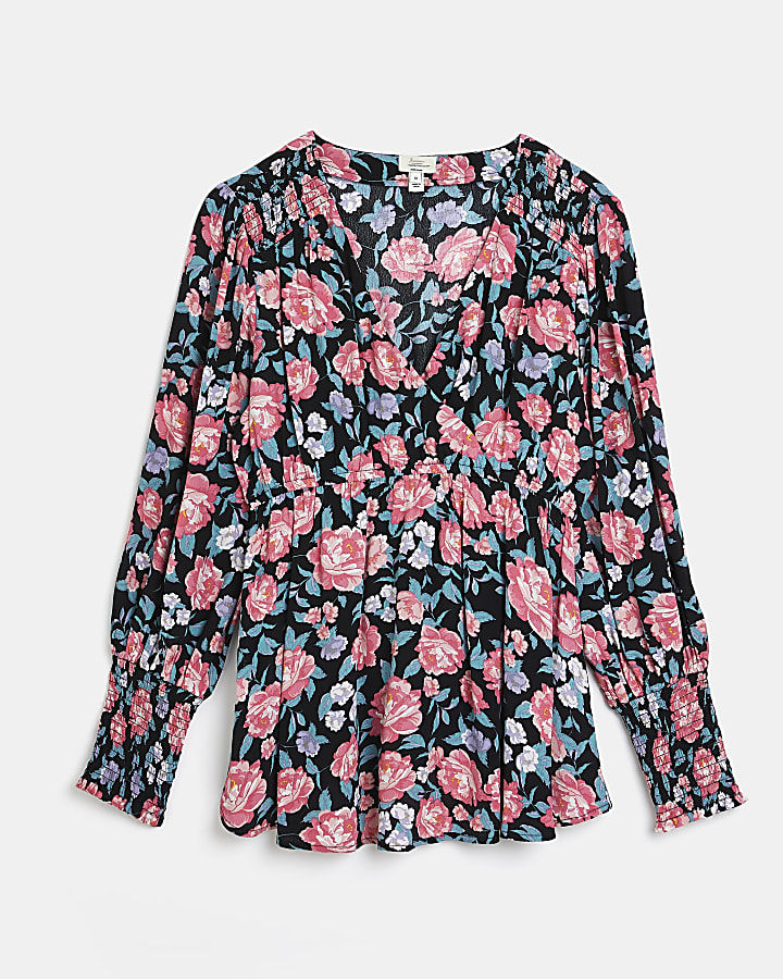 Black floral maternity wrap top