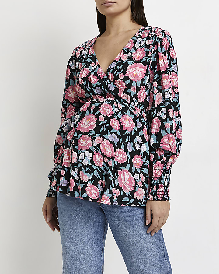 Black floral maternity wrap top