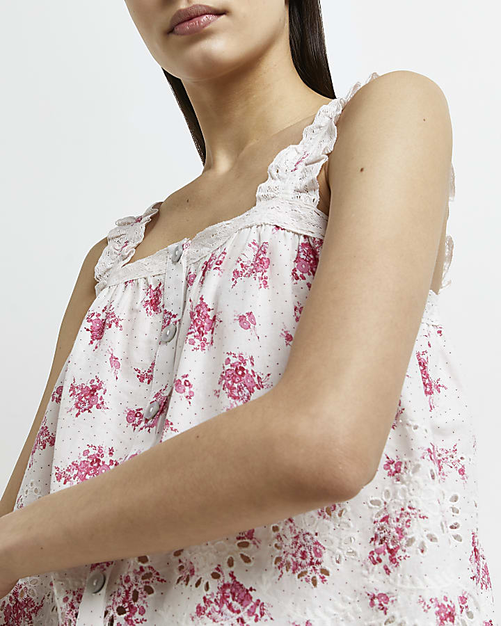 Pink floral broderie cami top