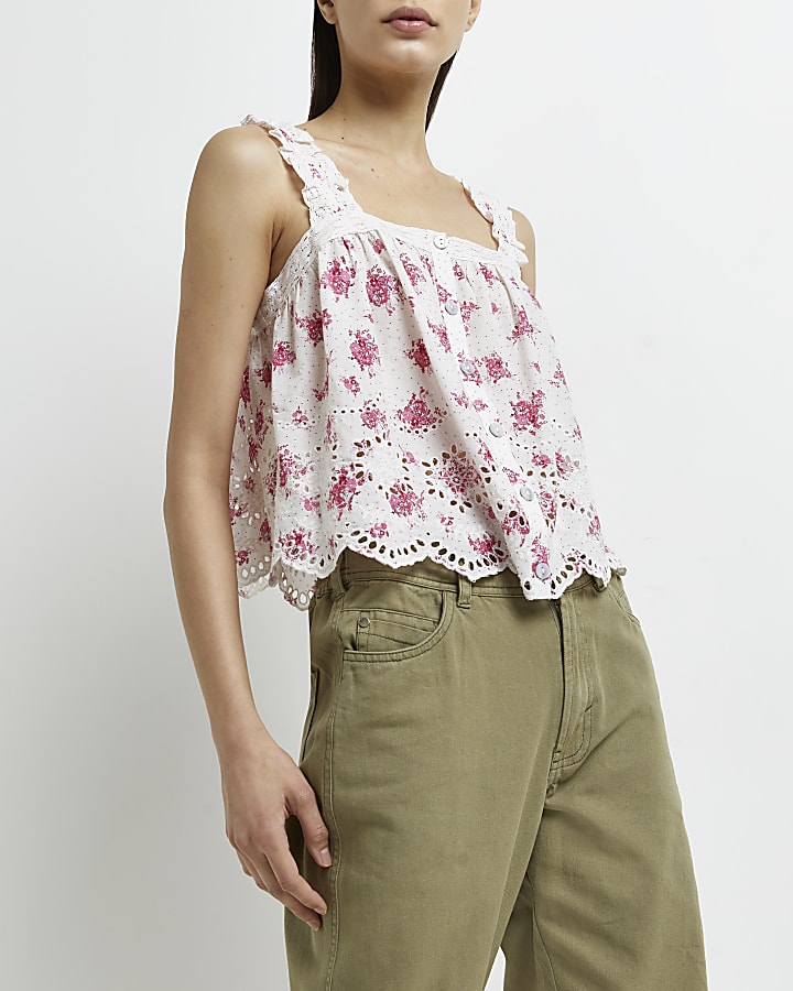 Pink floral broderie cami top