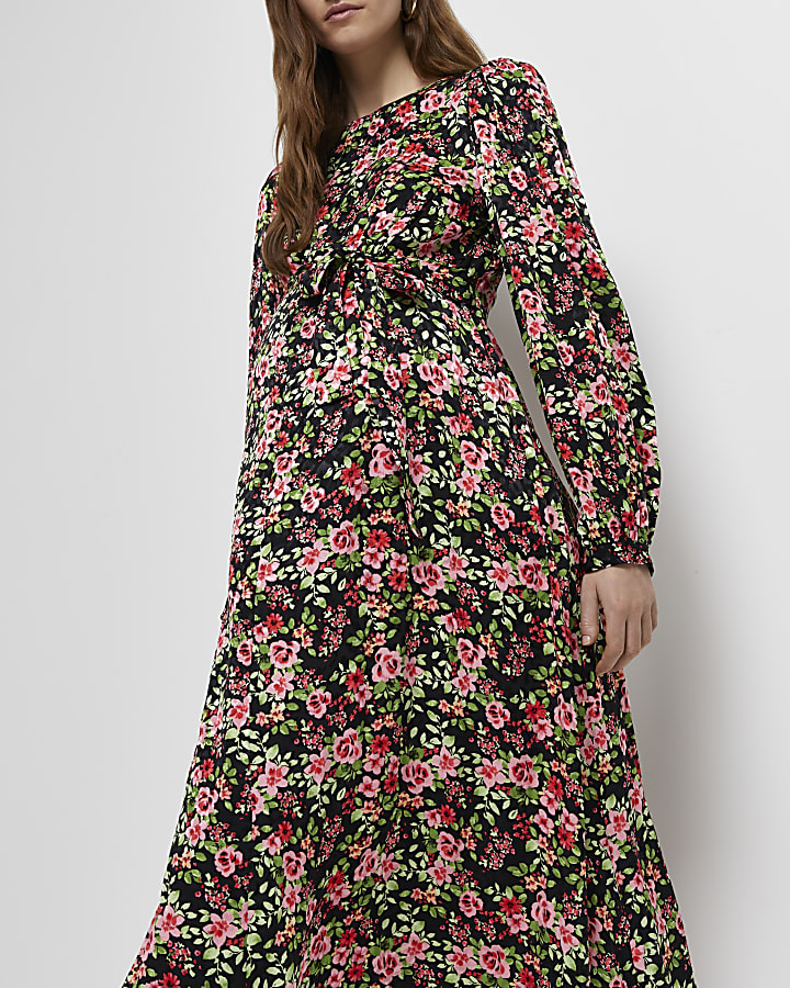 Black floral maternity midi dress