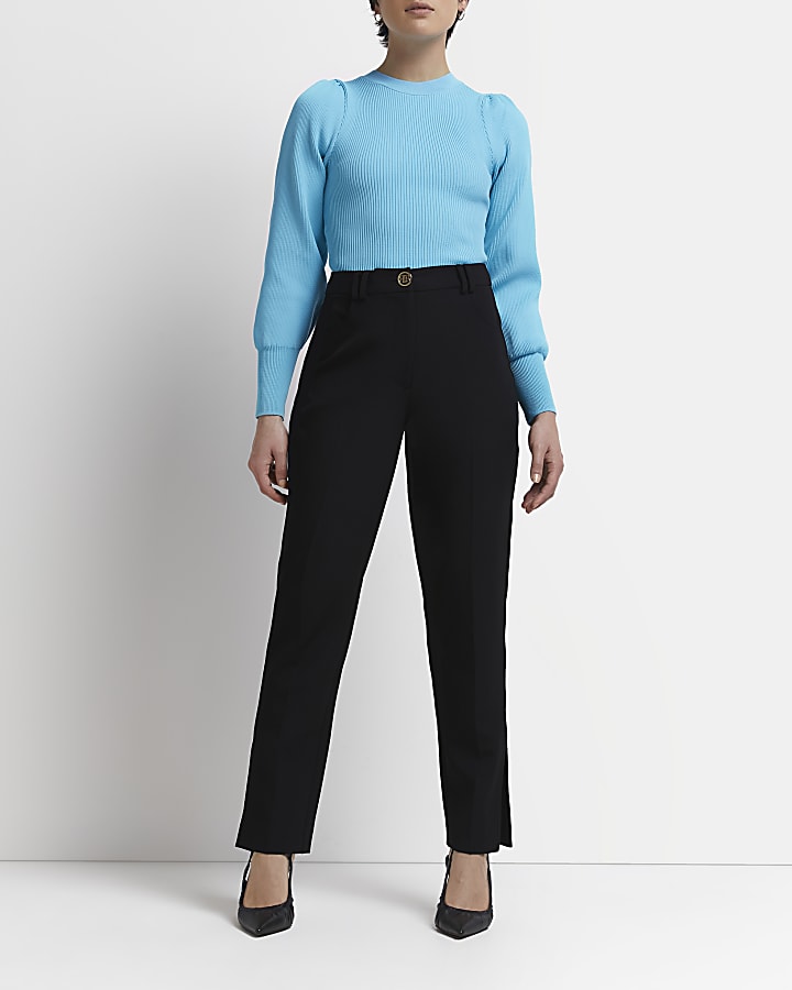 Petite black side split cigarette trousers