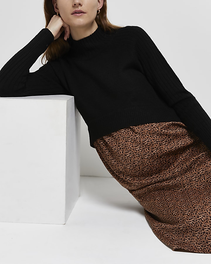 Black 2 in 1 leopard maternity midi dress