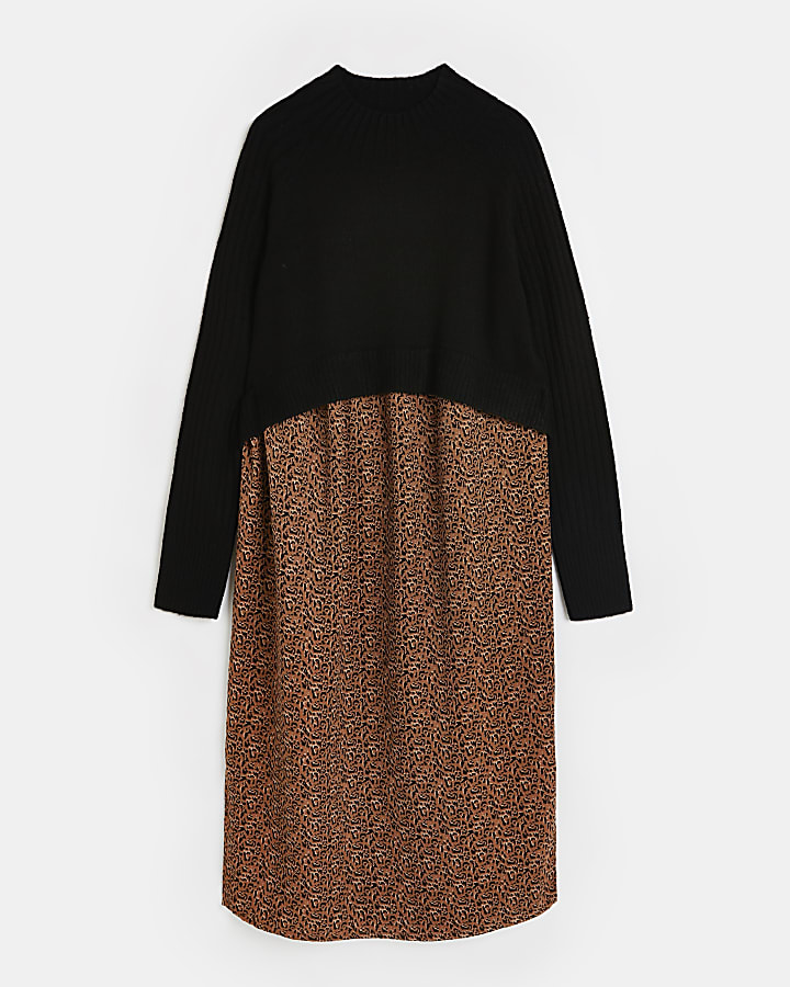 Black 2 in 1 leopard maternity midi dress