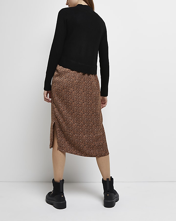 Black 2 in 1 leopard maternity midi dress