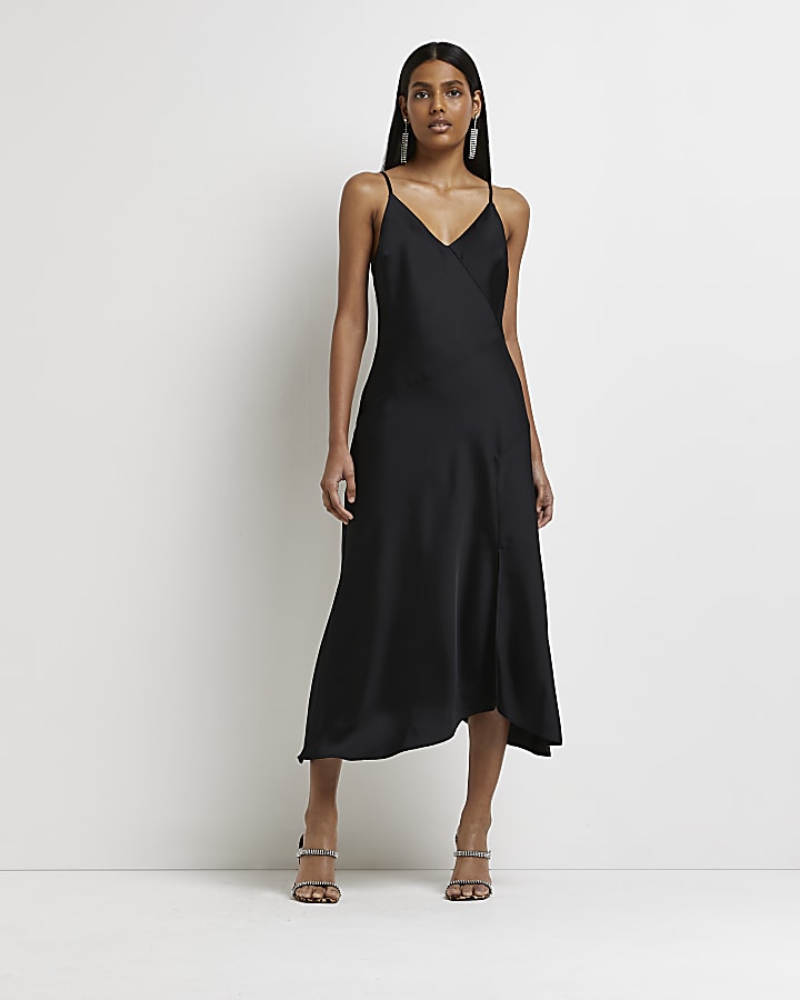 Black asymmetric slip midi dress