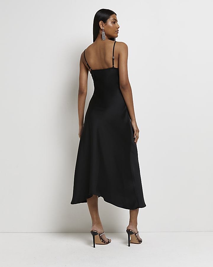 Black asymmetric slip midi dress