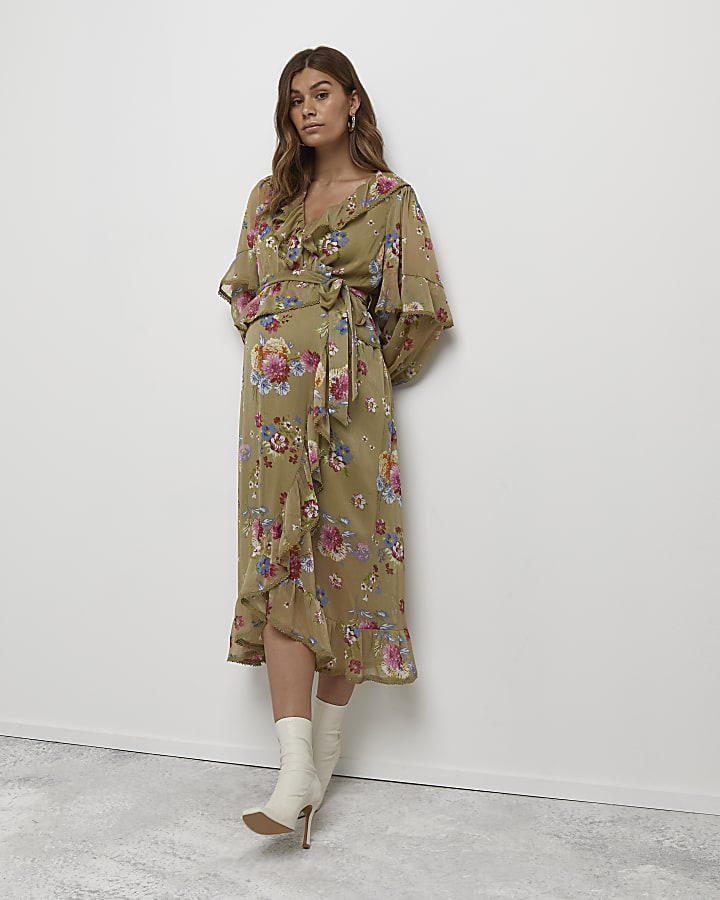 Green floral maternity wrap midi dress