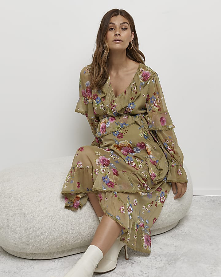 Green floral maternity wrap midi dress