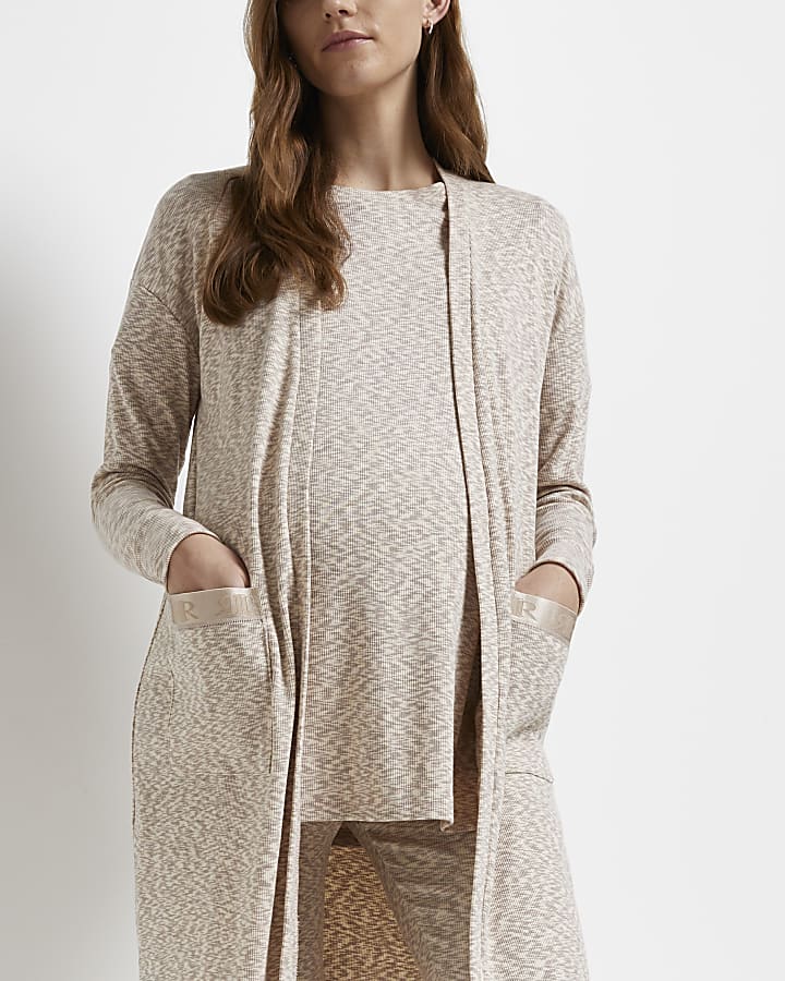 Beige space dye print maternity maxi cardigan