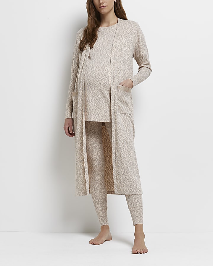 Beige space dye print maternity maxi cardigan