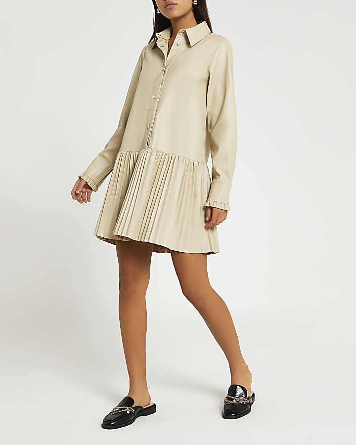 Beige faux leather pleated mini shirt dress