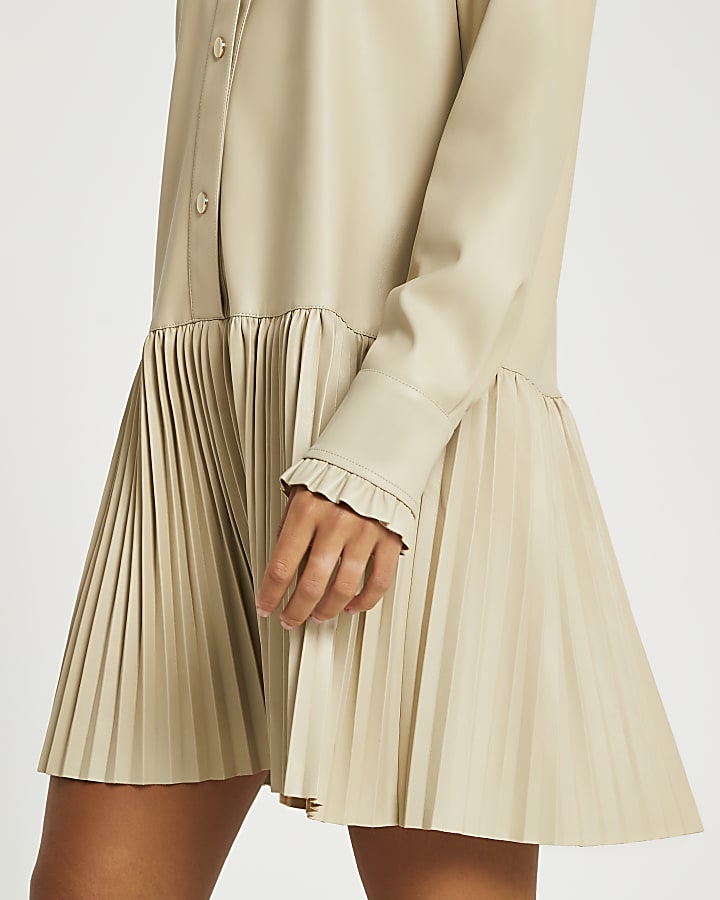 Beige faux leather pleated mini shirt dress