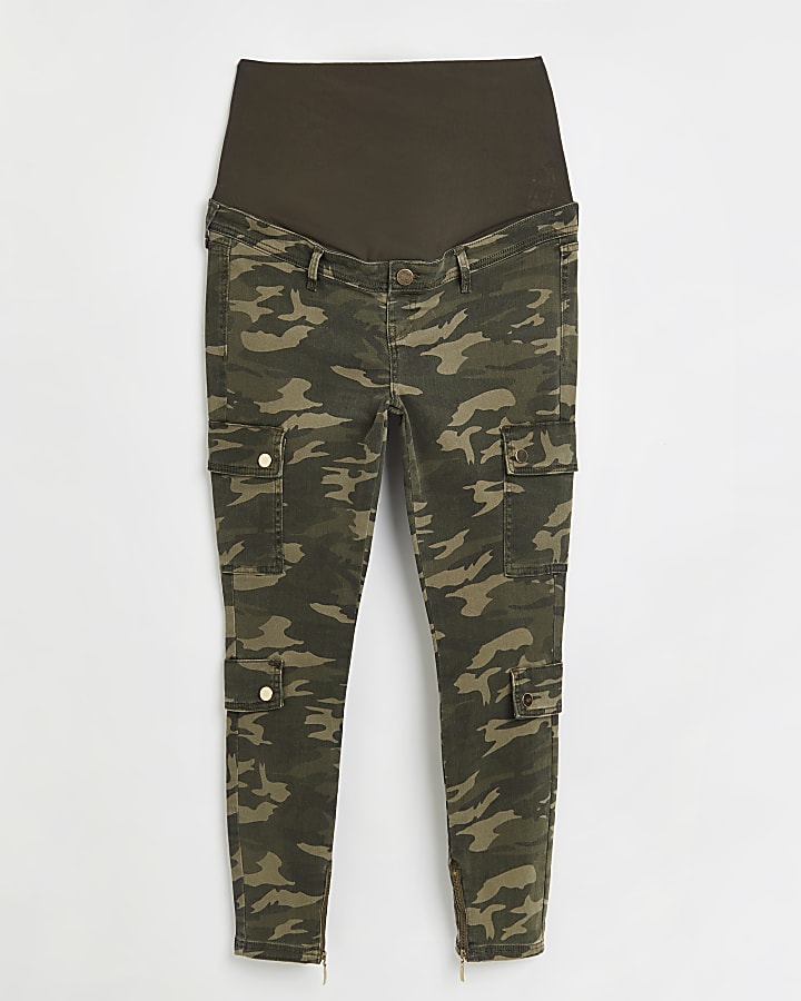 Khaki camo print maternity cargo trousers