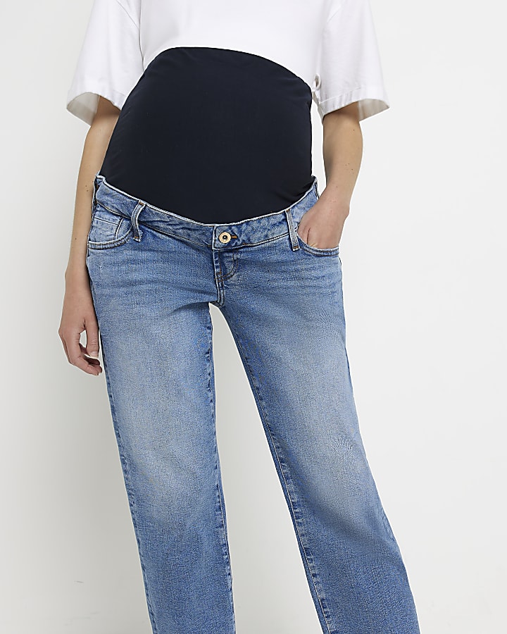 Blue mid rise maternity straight leg jeans