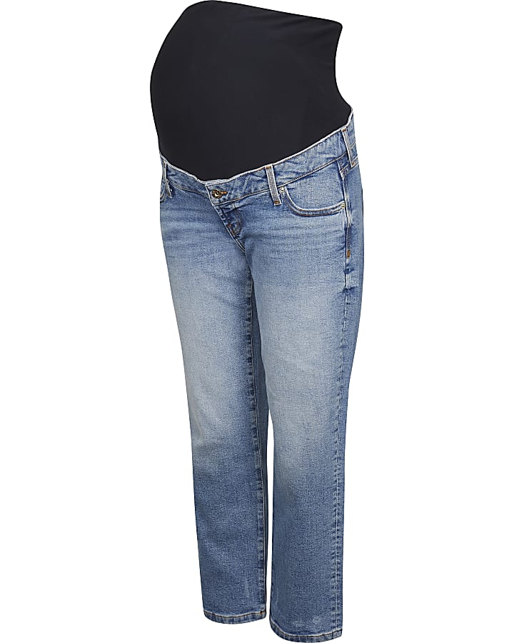Blue mid rise maternity straight leg jeans